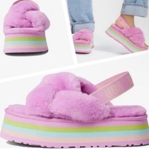 UGG Lilac Shearling Platform Slingback Sandals with Rainbow Sole